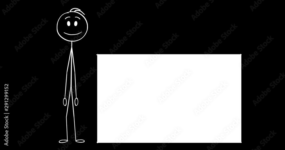 Cartoon 2D Stick Character Animation of Businessman or Man Leaning On Empty Sign and Pointing at It . Alpha Mask Included.