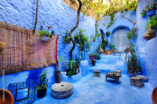 Street market in Chefchaouen, Morocco. Traditional moroccan architectural details.