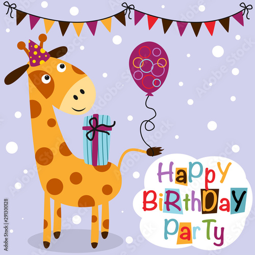 Happy Birthday poster with giraffe - vector illustration, eps