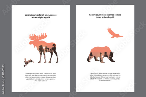 Poster  card templates eco kit. Forest free animals silhouettes- sunrise