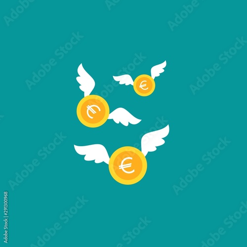 Gold euro coins with white wings. Flat icon. Isolated on blue background. Flying money.