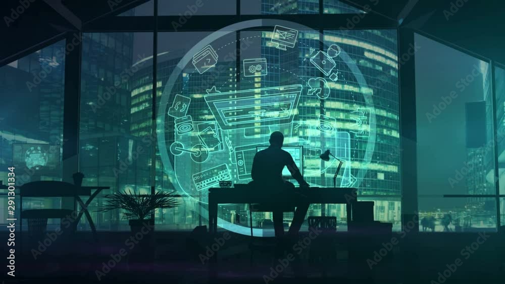 Silhouette of a web designer on the background of business center skyscrapers.