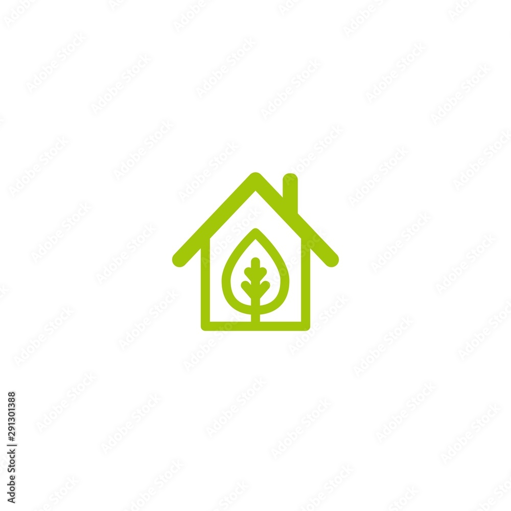 Flat green home with green leaf inside. Simple silhouette of the house