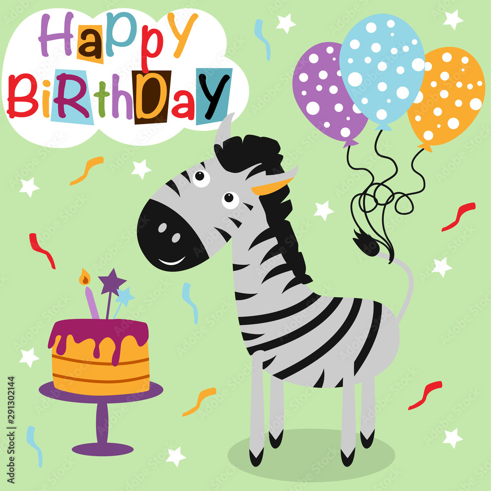 Naklejka premium Happy Birthday poster with zebra - vector illustration, eps