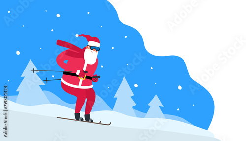 santa claus skiing winter holidays. merry christmas and happy new year 