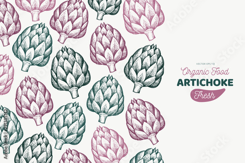 Artichoke vegetable design template. Hand drawn vector food illustration. Engraved style vegetable frame. Retro botanical banner.