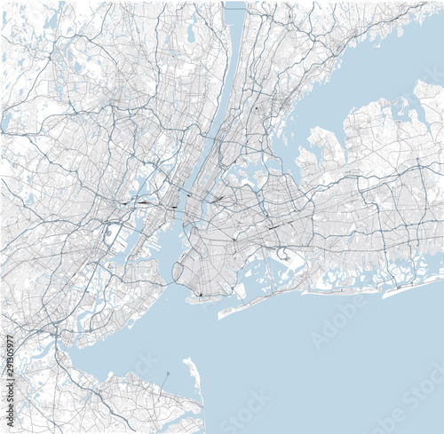 Satellite map of New York City and surrounding areas, Usa. Map roads, ring roads and highways, rivers, railway lines. Transportation map