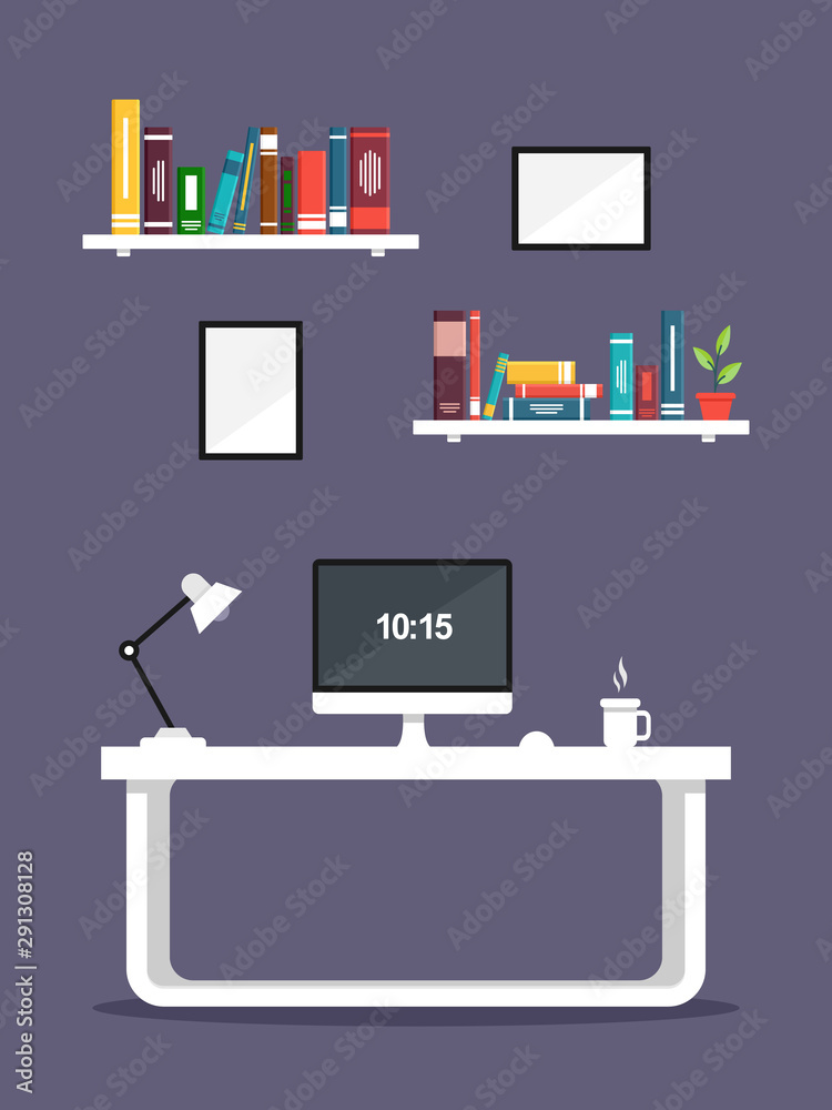 Mordern minimalist workspace on home or studio with bookshelf. Vector interior illustration Mordern minimalist workspace on home or studio with bookshelf. Vector interior illustration