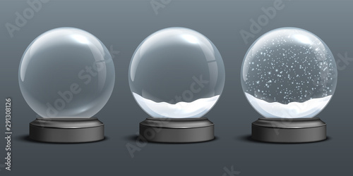 Snow globe templates. Empty glass snow globe and snow globes with snow on dark background. Vector Christmas and New Year design elements. photo