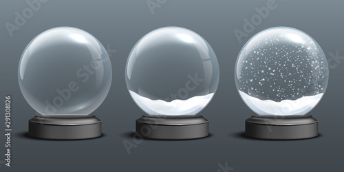Snow globe templates. Empty glass snow globe and snow globes with snow on dark background. Vector Christmas and New Year design elements.