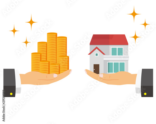 住宅　家　イラスト　一軒家　マイホーム　販売　手　お金