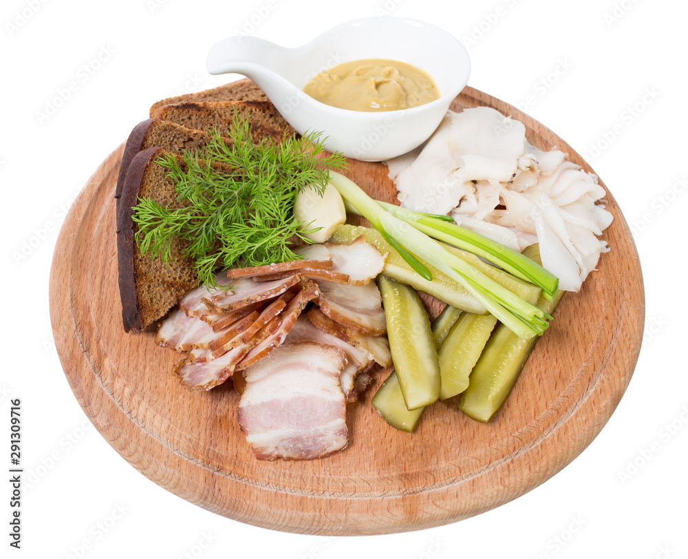 Assorted pork fat with pickles.