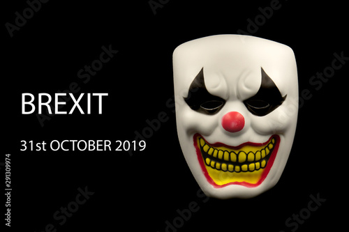 Halloween Clown Face Mask Isolated on Black With Text Showing Brexit Departure Date