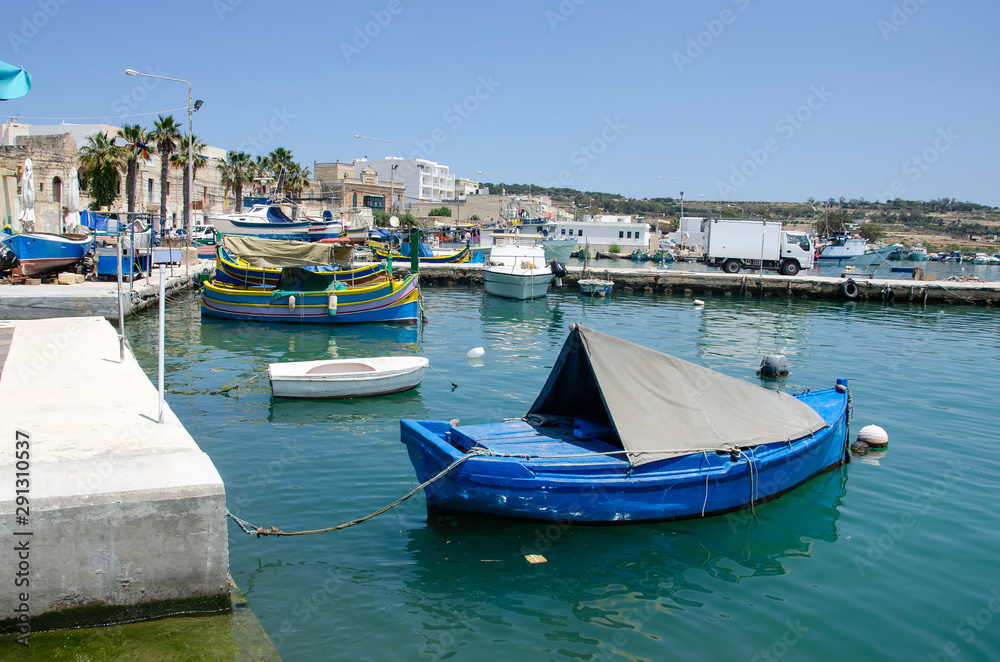 Cityscape view of Marsaxlokk village port of Malta