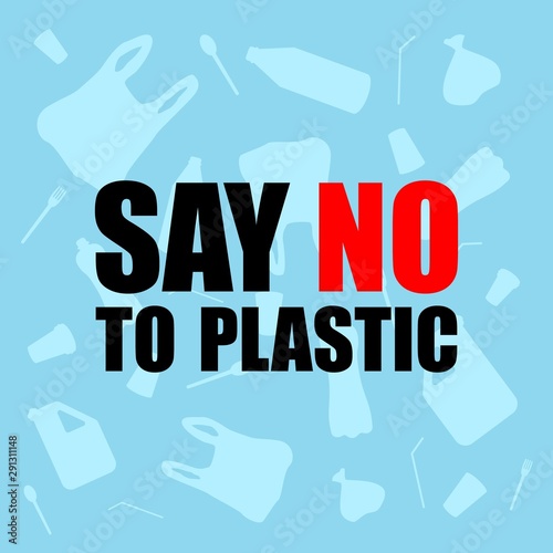 Stop ocean plastic pollution. Ecological poster. There are plastic garbage, bottle on blue background in the water. Plastic problem. Say no to plastic