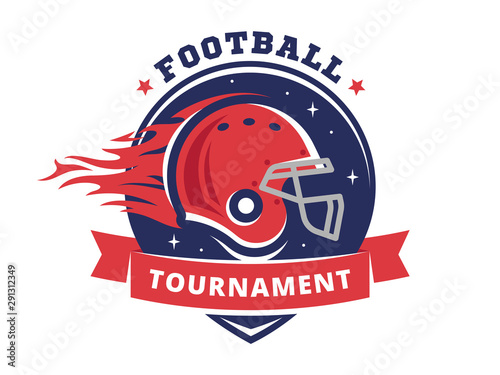 American football tournament logo, emblem, designs templates with american football helmet on fire on a white background