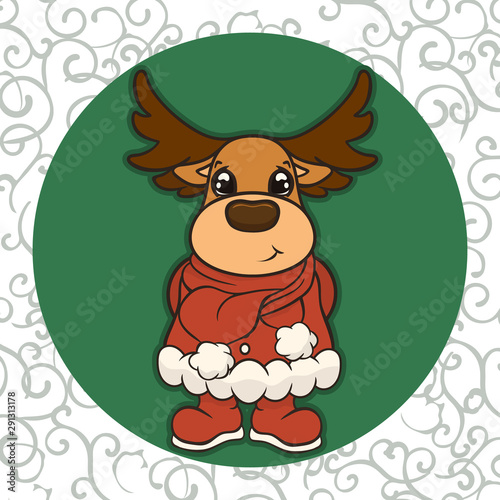 Christmas cartoon deer in Santa’s costume scarf and boots vector image. Cute Reindeer in Christmas. Merry Christmas greeting card with fun deer. New Year's poster. Santa Claus’s friend.