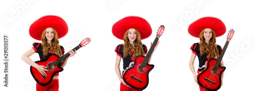 Fototapeta Naklejka Na Ścianę i Meble -  Woman guitar player with sombrero on white