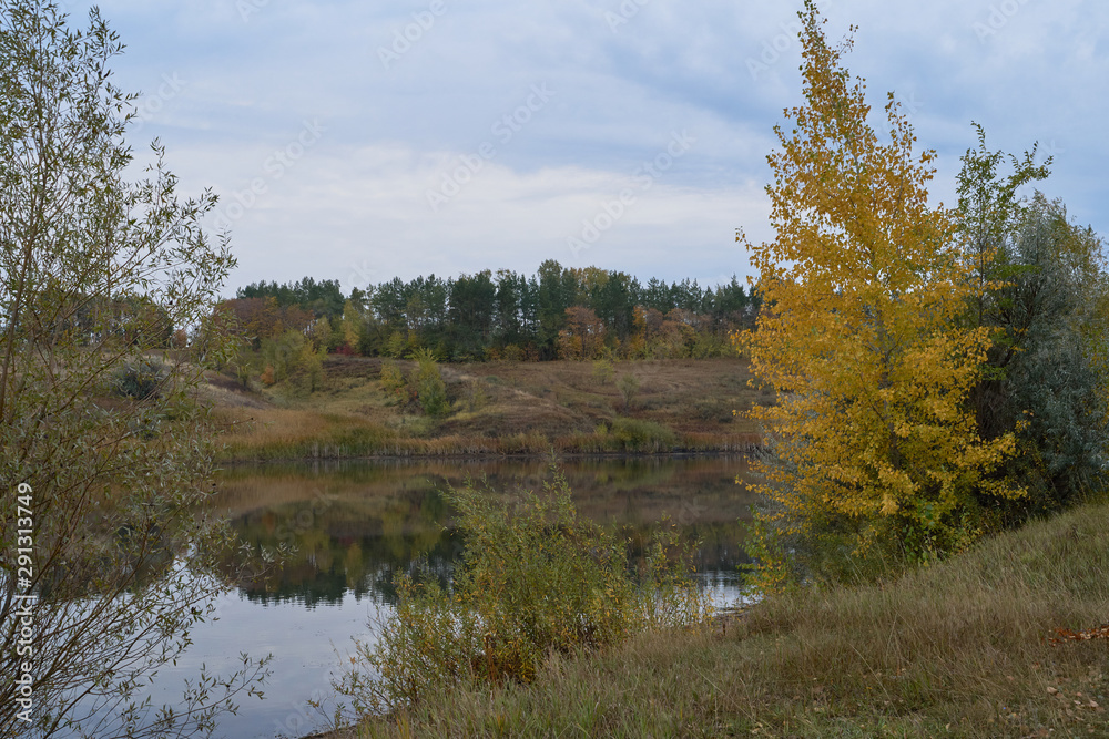 A quiet autumn dawn over the lake in sunlight. The birches were covered with Golden leaves.