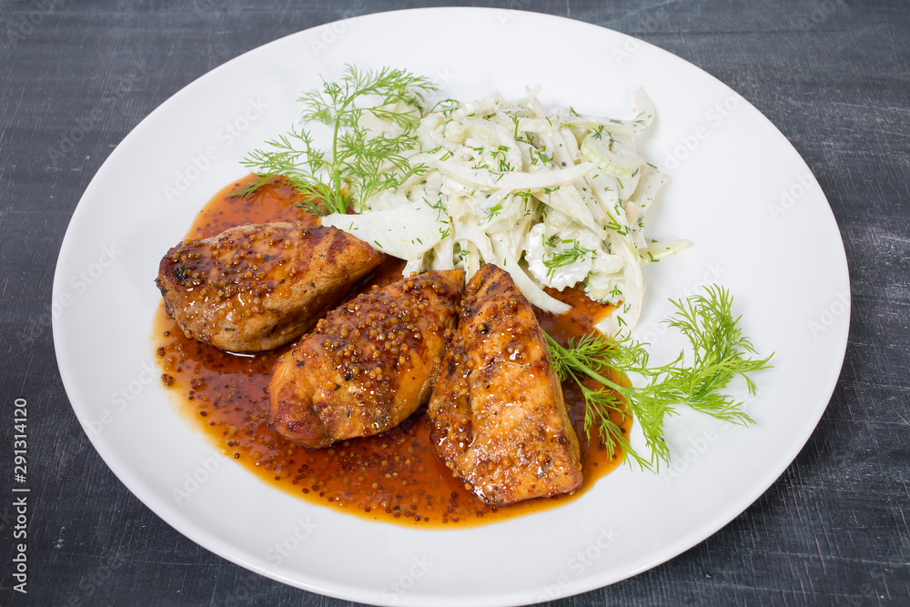 Grilled chicken fillets with cabbage salad. Grilled chicken fillets with cabbage salad.