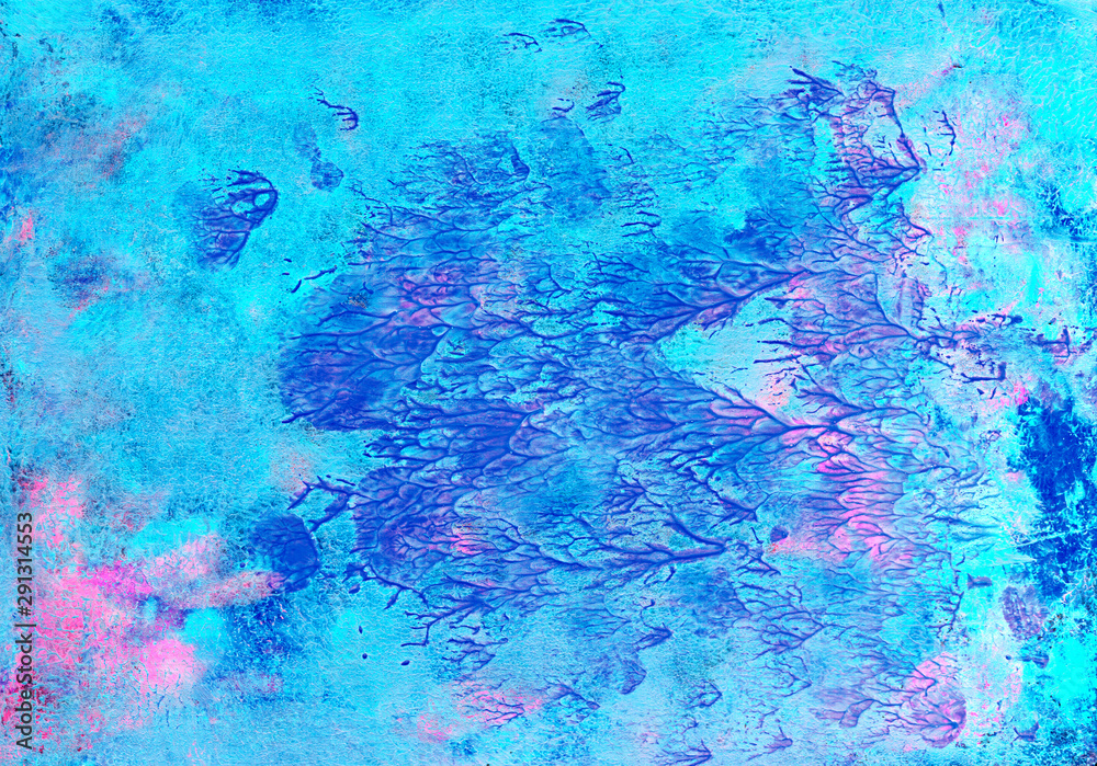 abstract textural neon background with blue, pink and aquamarine paint lines with divorces, furrows, inflows, coasts