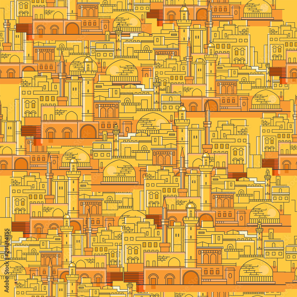 Obraz premium Panorama of the tourist Muslim city with turrets and ancient houses seamless pattern. Arab city Wallpapers