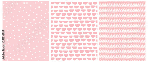 Simple Geometric Irregular Vector Prints Ideal for Fabric, Wrapping Paper.Abstract Hand Drawn Childish Style Vector Patterns.Pink Semi Circles Isolated on a White Background.White Crosses on a Pink.