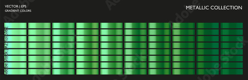 Metal green gradient color set. Chrome texture surface background template for screen, mobile, digital, web. Metallic and chromium shade combination. Colorful palette collection.