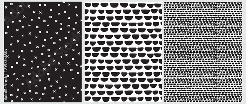Simple Geometric Irregular Vector Prints Ideal for Fabric, Wrapping Paper.Abstract Hand Drawn Childish Style Vector Patterns.Black Semi Circles Isolated on a White Background.White Crosses on a Black.