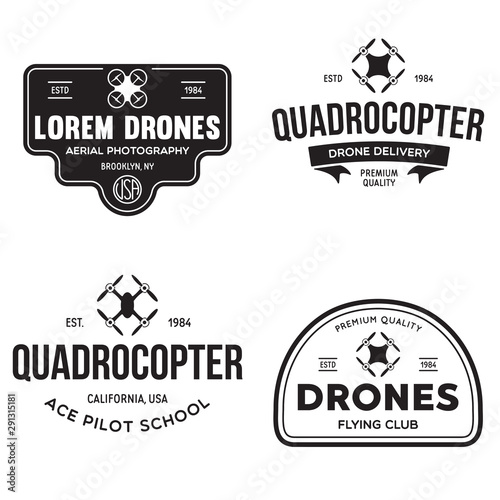 Set of drone logos, badges, emblems and design elements. Quadrocopter flying club, delivery logotypes.