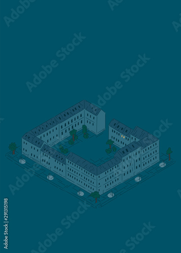 city block at night with dark windows and a single light - sleepless