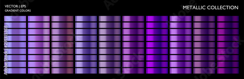 Metallic purple, violet gradient set. Lilac colorful palette and texture. Holographic background template for screen, mobile, banner, label, tag.