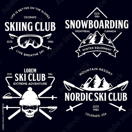 Vintage ski or winter sports logos, badges, emblems, design elements. Vector illustration. Monochrome Graphic Art.