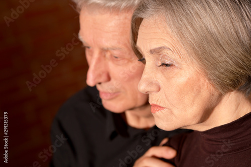 Portrait of cute sad senior couple posing at home