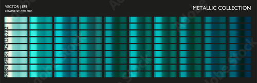 Metal blue gradient color set. Chrome texture surface background template for screen, mobile, digital, web. Metallic and chromium shade combination. Colorful palette collection.