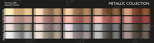  Metal color gradient set. Gold, silver, bronze colorful palette and texture collection. Holographic background template for screen, mobile, banner, label, tag. Metallic pattern, reflect effect.