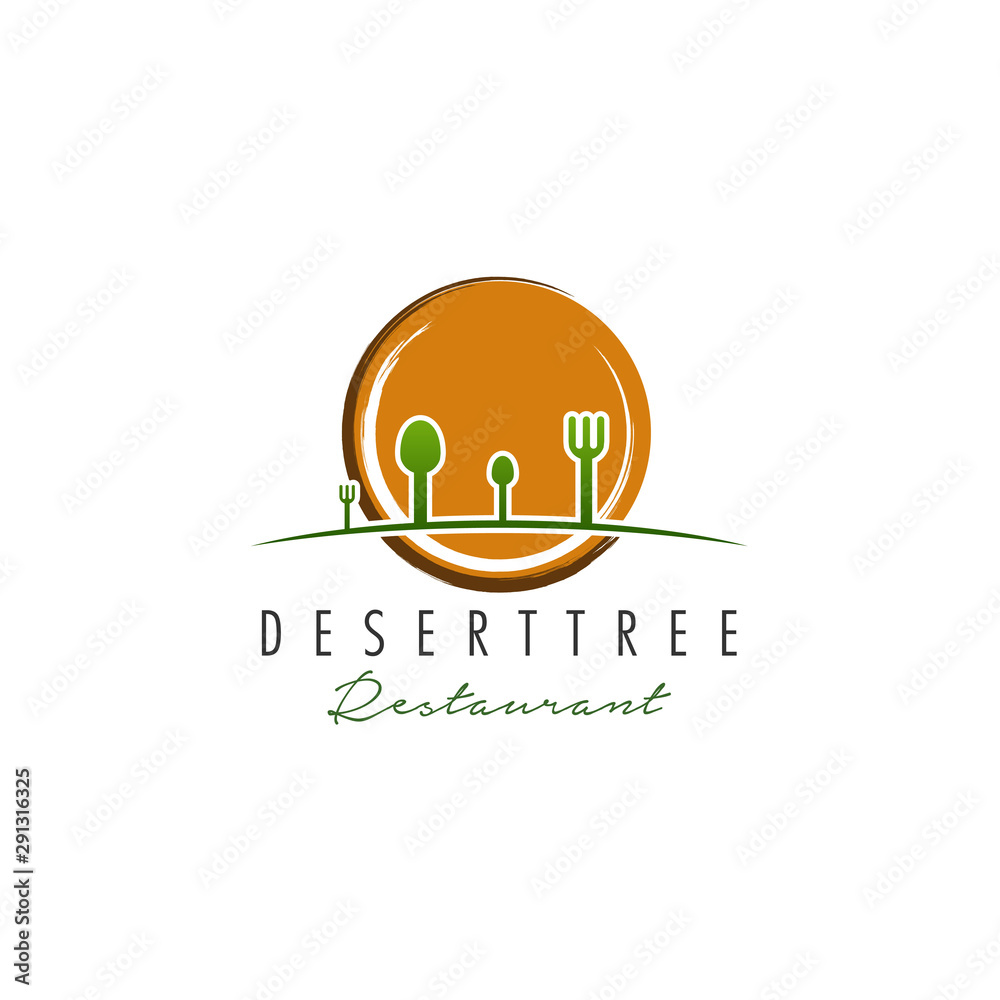 deserttree restaurant logo, fork and spoon as tree, so plate as sun deserttree restaurant logo, fork and spoon as tree, so plate as sun
