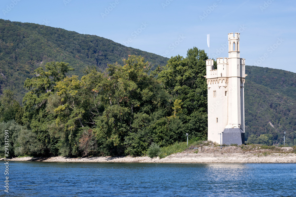 The Mäuseturm (Mouse Tower), a stone tower on a small island in the Rhine, outside Bingen am Rhein, Germany.
