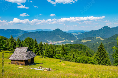 Shelter cabin hut with view to valley, Velka Fatra, Western Carpathians, Slovakia photo