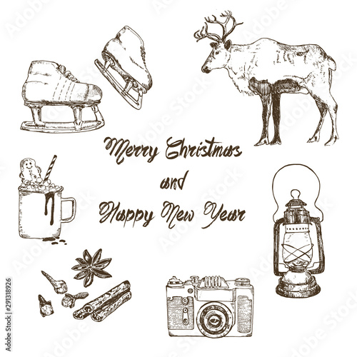 Christmas and winter holidays symbols sketch hand drawn vector elements. Christmas and New year winter with reindeer, latern, spices and mug of hot chocolate with gingerbread and skates.