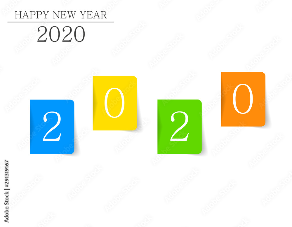 Vector illustration. Happy New Year 2020. Illustration with four color pieces of paper with shadow and numbers 2020 happy new year. Vector illustration. Happy New Year 2020. Illustration with four color pieces of paper with shadow and numbers 2020 happy new year.