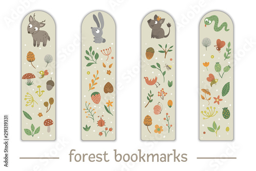 Vector set of bookmarks for children with woodland animals theme. Cute smiling baby deer, hare, boar, snake on beige background. Vertical layout card templates with forest elements.