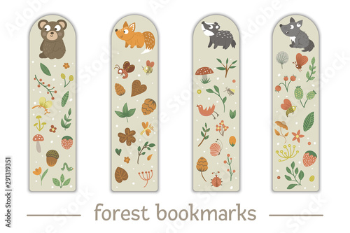 Vector set of bookmarks for children with woodland animals theme. Cute smiling baby bear, fox, badger, wolf on beige background. Vertical layout card templates with forest elements.