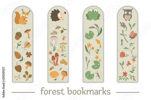 Vector set of bookmarks for children with woodland animals theme. Cute smiling baby squirrel, hedgehog, frog, owl on beige background. Vertical layout card templates with forest elements.