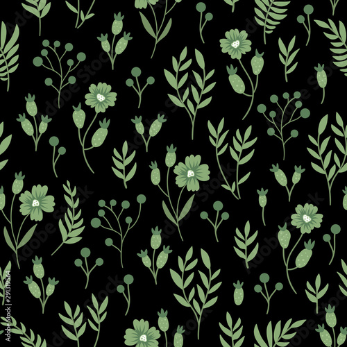 Vector green floral seamless pattern. Hand drawn flat simple trendy illustration with flowers and leaves on black background. Repeating texture with meadow, garden, forest plants..