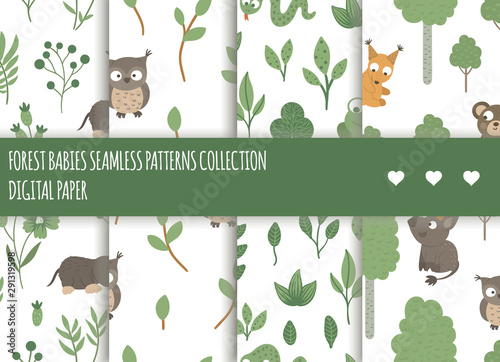 Vector set of seamless patterns with hand drawn flat funny baby animals. Forest themed repeating backgrounds for children’s design. Cute animalistic backdrop with little deer, bear