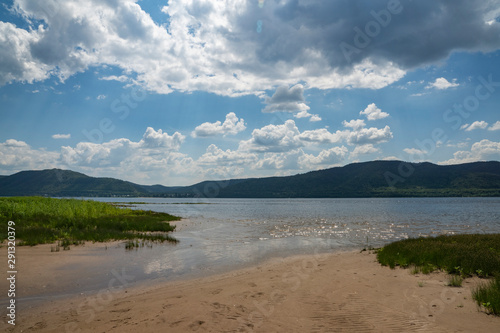 summer, clear, warm, day, trip, journey, walk, vacation, nature, forest, mountains, river, water, waves, shore, stones, sand, space, distance, expanse, observation, Islands, grass, blue, sky, clouds