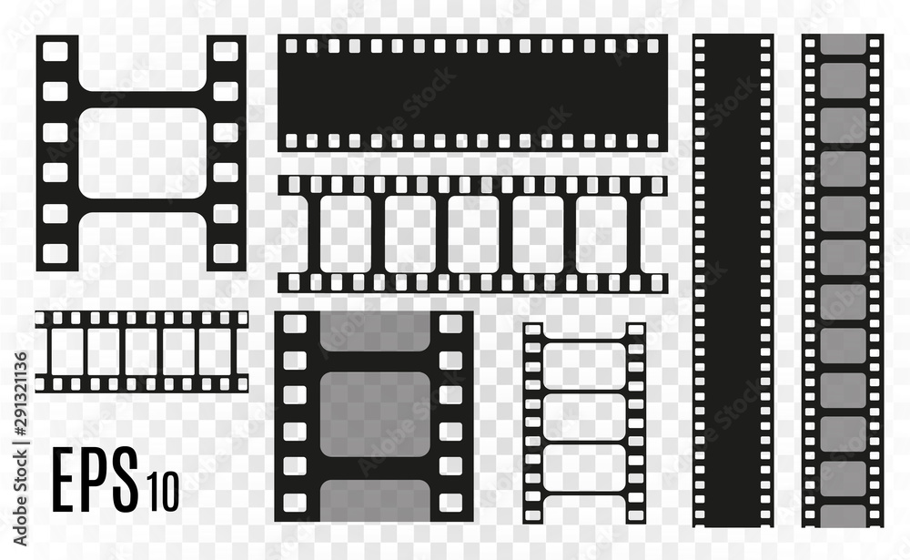 Set of film vector stripes isolated on transparent background.Film strip roll. Vector cinema background. Set of film vector stripes isolated on transparent background.Film strip roll. Vector cinema background.
