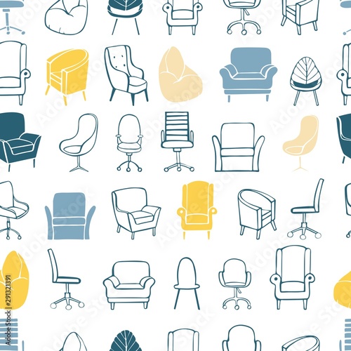 Hand drawn office chairs and armchairs. Vector seamless pattern