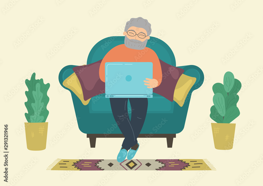 Elderly senior man sitting in armchair at home using laptop. Social media communication concept. Vector illustration.